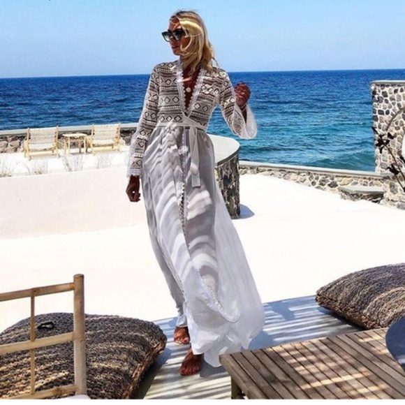 Boho white lace maxi dress cover up waist Kimono - Picture 2 of 9